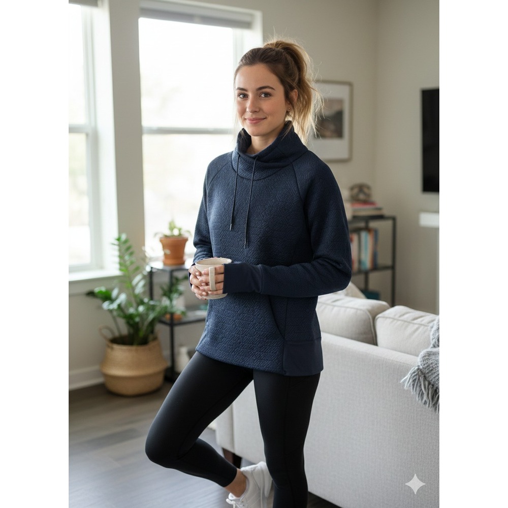Athleta Jacquard Elevation Sweatshirt‎ Womens XS Blue Funnel Neck Workout Cozy